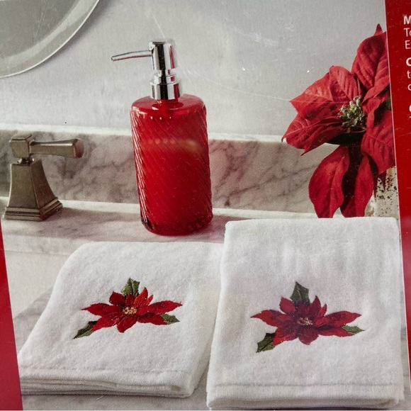 NEW HOLIDAY BATHROOM TOWELS RED GLASS SOAP DISPENSER POINSETTIAS IN BOX - Picture 6 of 6